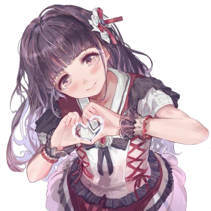 1girl black_ribbon blunt_bangs blush brooch brown_eyes brown_hair closed_mouth collarbone hair_ribbon head_tilt heart heart_hands highres idol_clothes jewelry looking_at_viewer neck_ribbon nik_ibi original raised_eyebrows red_ribbon red_vest ribbon sailor_collar shirt short_sleeves simple_background skirt smile solo upper_body vest white_background white_sailor_collar white_shirt white_skirt wrist_cuffs
