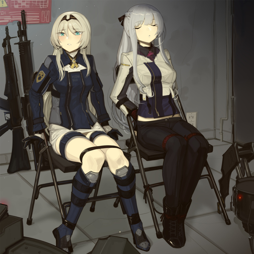 2girls ak-12 ak-12_(girls'_frontline) an-94 an-94_(girls'_frontline) assault_rifle black_gloves blonde_hair braid breasts cad_(caddo) electrical_outlet french_braid girls'_frontline gloves green_eyes grey_hair gun highres kalashnikov_rifle long_hair long_sleeves magazine_(weapon) medium_breasts multiple_girls restrained rifle sidelocks sitting unconscious weapon