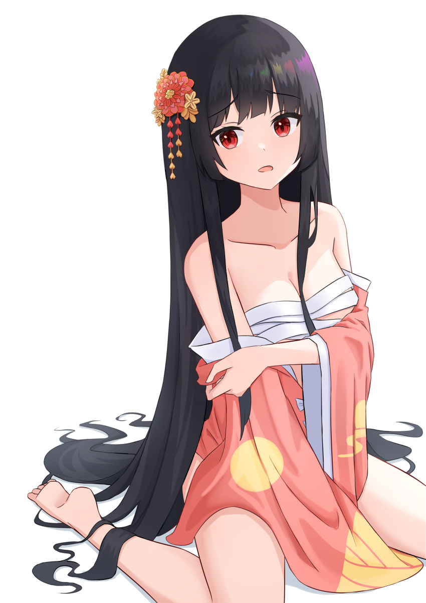 1girl :o absurdres bare_shoulders black_hair blunt_bangs breasts collarbone expressionless flower hair_flower hair_ornament highres houraisan_kaguya japanese_clothes kimono long_hair long_sleeves looking_to_the_side medium_breasts off_shoulder open_mouth red_eyes sarashi simple_background small_breasts solo touhou very_long_hair waterappliance white_background wide_sleeves