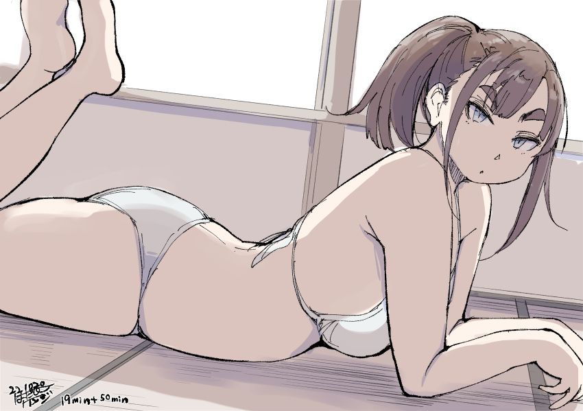 1girl barefoot bikini blue_eyes breasts brown_hair dated hadashi_no_kenji highres indoors lying medium_breasts on_stomach original ponytail short_ponytail speedpaint swimsuit the_pose thick_eyebrows white_bikini