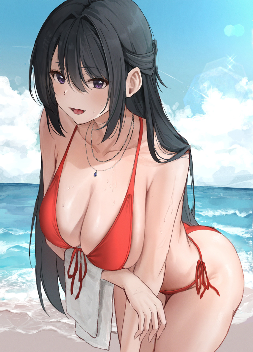 absurdres ass beach bikini black_hair breasts hand_towel highres jewelry large_breasts necklace ocean orange_bikini po_ppe sunlight sweat swimsuit thick_thighs thighs violet_eyes