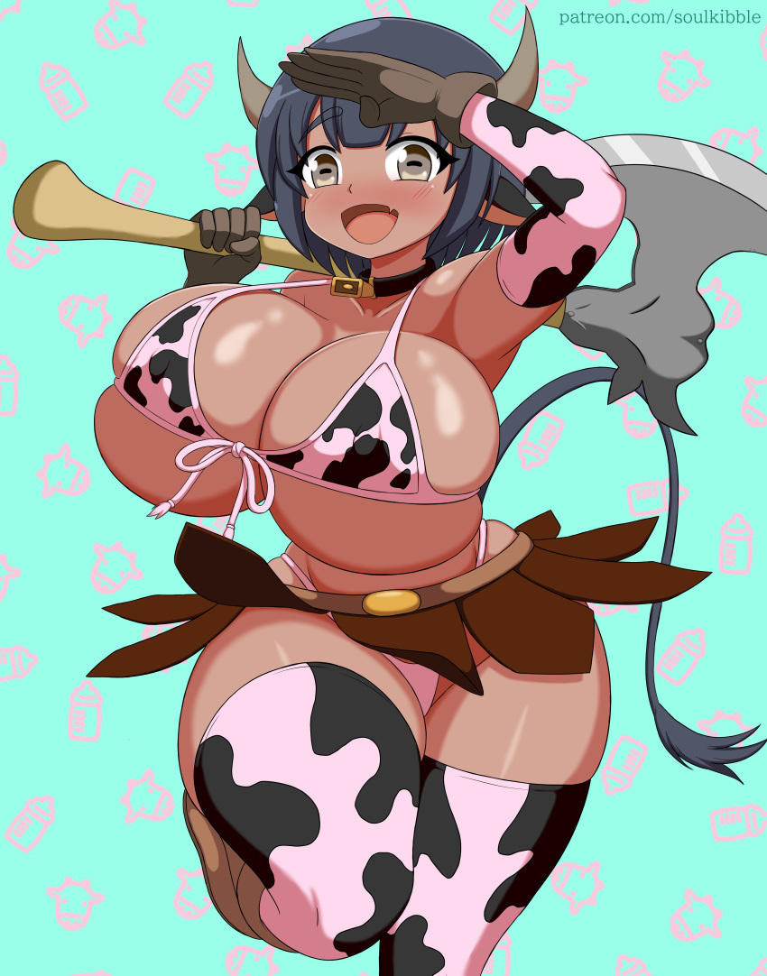 1girl :d absurdres animal_ears animal_print arm_up axe bell bikini black_hair blush boots breasts brown_gloves calcia_(soulkibble) carrying_over_shoulder cow_ears cow_girl cow_horns cow_print cow_tail cowbell curvy dark-skinned_female dark_skin elbow_gloves fang front-tie_top gloves highres horizontal_pupils horns huge_breasts kemonomimi_mode micro_bikini microskirt narrow_waist neck_bell open_mouth original short_hair shortstack simple_background skin_fang skirt smile solo soulkibble swimsuit tail thick_thighs thighhighs thighs web_address wide_hips yellow_eyes