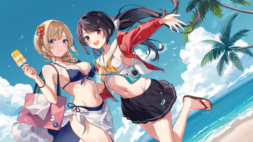 2girls :d absurdres beach bikini black_hair black_skirt blonde_hair blue_bikini blue_eyes blue_sky braid braided_ponytail breasts camera cleavage closed_mouth cloud day dutch_angle feet feet_out_of_frame flip-flops floral_print food foot_out_of_frame highres holding holding_food holding_popsicle jacket legs long_hair looking_at_viewer medium_breasts multiple_girls navel neckerchief open_mouth original outdoors palm_tree pink_bag pleated_skirt popsicle red_eyes red_jacket sailor_collar sandals sarong skirt sky smile stomach swimsuit toenails toes tree twintails upper_body white_bikini white_sarong yaruwashi yellow_neckerchief