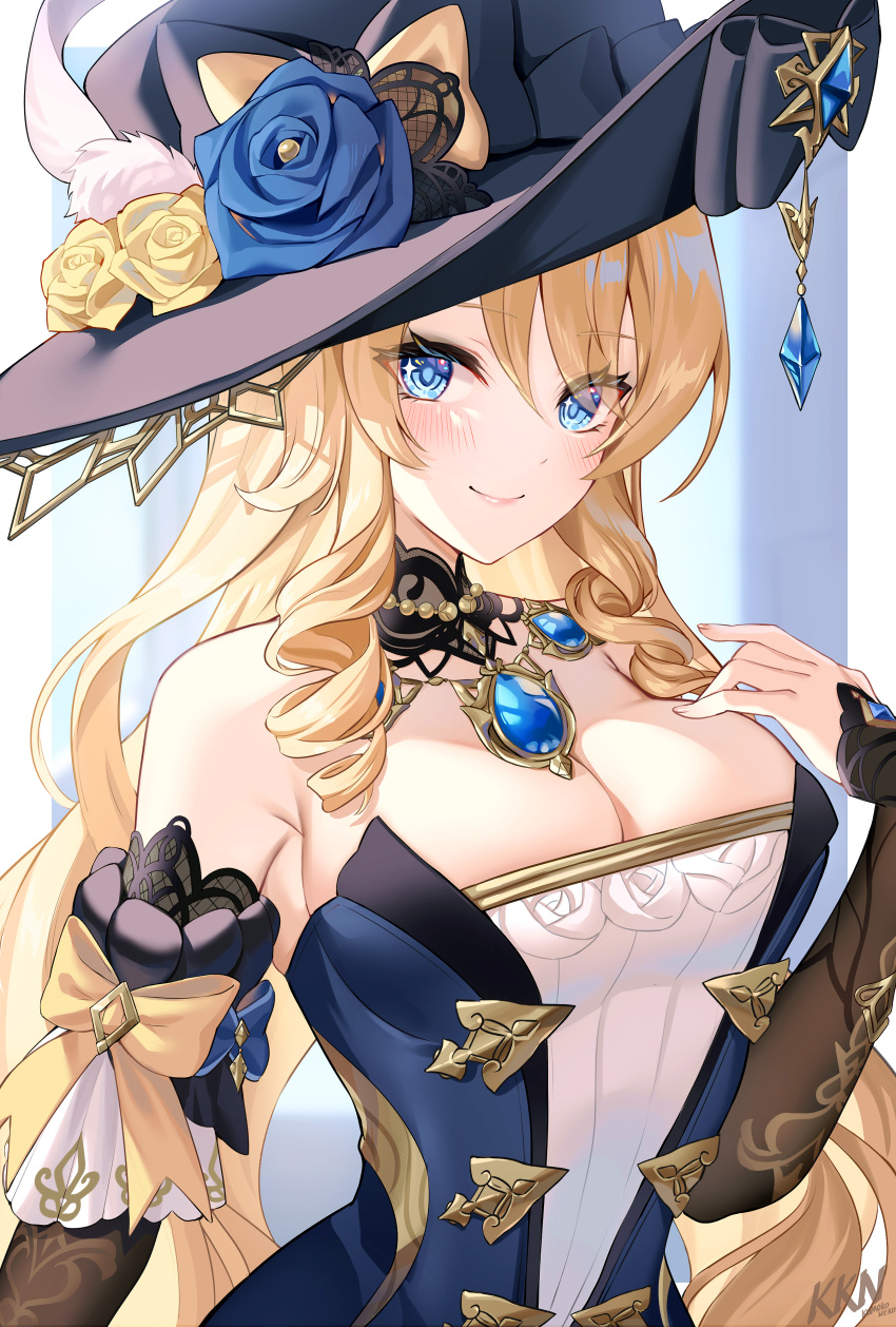 1girl absurdres armpit_crease bare_shoulders black_headwear black_sleeves blonde_hair blue_eyes blue_flower blue_gemstone blush breasts cleavage closed_mouth detached_sleeves dress drill_hair drill_sidelocks fingernails flower gem genshin_impact hair_over_one_eye hand_up hat hat_flower highres lace-trimmed_collar lace_trim lalazyt large_breasts long_hair long_sleeves looking_at_viewer navia_(genshin_impact) rose sidelocks sleeveless sleeveless_dress smile solo strapless strapless_dress upper_body yellow_flower yellow_rose