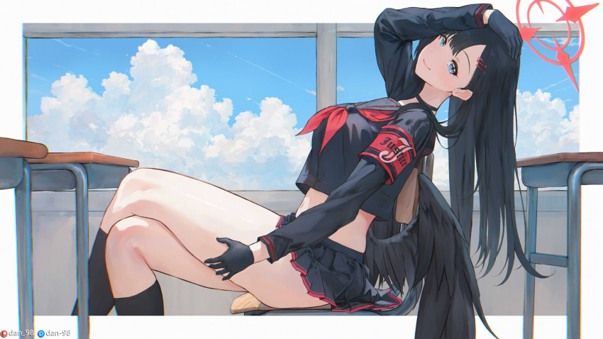 1girl arm_up armband black_choker black_gloves black_hair black_serafuku black_shirt black_skirt black_socks black_wings blue_archive blue_eyes blue_sky breasts choker cloud dan-98 desk feathered_wings gloves hair_ornament hairpin halo hand_on_own_head highres ichika_(blue_archive) long_hair looking_at_viewer low_wings miniskirt red_armband red_halo school_desk school_uniform serafuku shirt skirt sky small_breasts smile socks wings