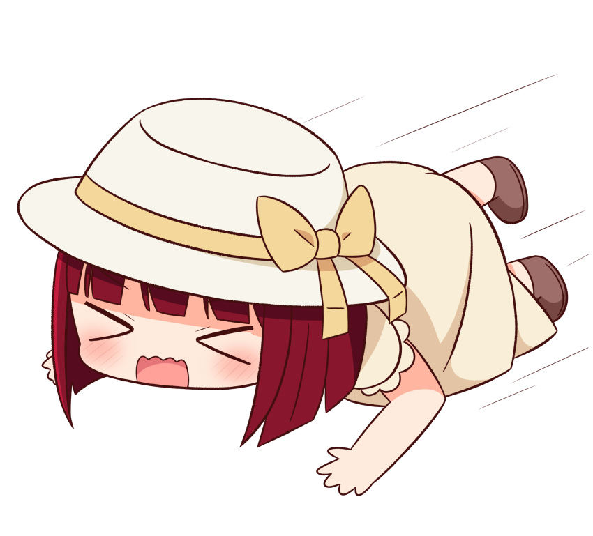 &gt;_&lt; 1girl all_fours arima_kana bow brown_bow brown_dress brown_footwear chibi closed_eyes dress full_body hana_kazari hat hat_bow highres open_mouth oshi_no_ko shoes short_sleeves solo sun_hat wavy_mouth white_background white_headwear