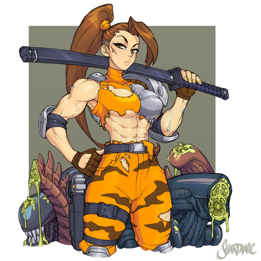 1girl abs alien_(movie) alien_vs._predator brown_eyes crop_top fingerless_gloves frown gloves highres katana linn_kurosawa long_hair looking_at_viewer muscular muscular_female over_shoulder ponytail scar scar_on_face shardanic solo sword sword_over_shoulder toned torn_clothes veins veiny_arms weapon weapon_over_shoulder xenomorph