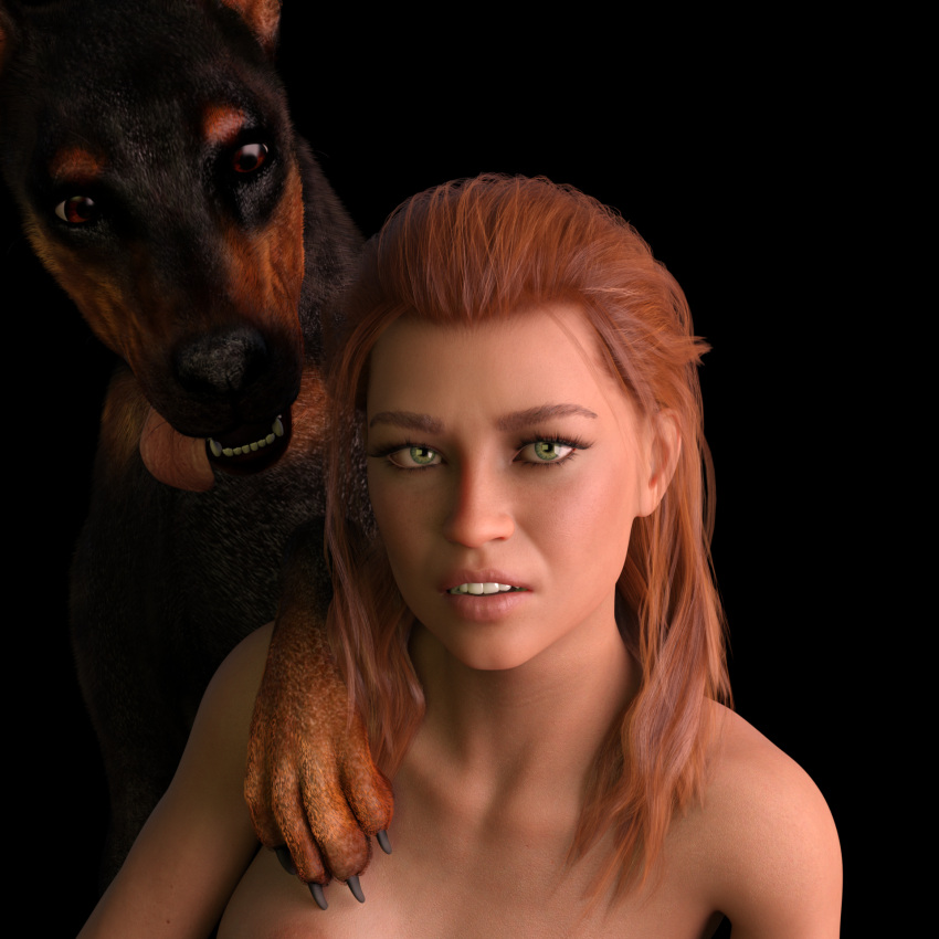 amanda_red areola breath canid canine canis dobermann domestic_dog duo female feral green_eyes hair happy_dog hi_res human implied_nudity jollybizz long_hair looking_at_viewer looking_pleasured male male/female mammal panting paw_on_arm paw_on_back photo_shoot pinscher portrait red_hair skinny small_waist suggestive unsure worried