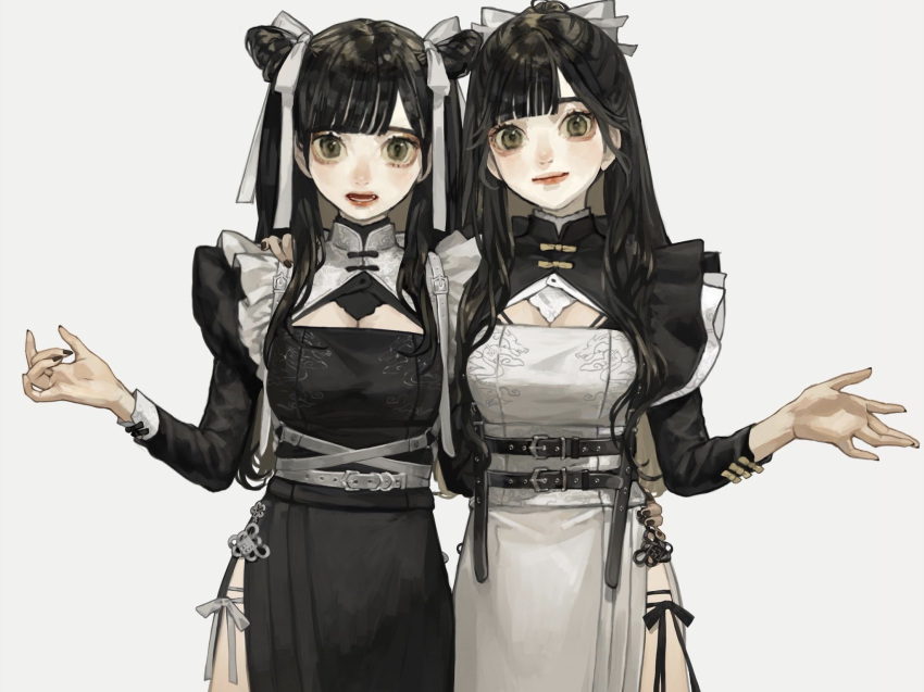 2girls belt black_belt black_dress black_hair black_nails black_ribbon blunt_bangs breasts china_dress chinese_clothes cleavage_cutout closed_mouth clothing_cutout colored_inner_hair commentary cowboy_shot double_bun dress fingernails green_eyes grey_hair hair_bun hair_ribbon hand_on_another's_hip hand_on_another's_shoulder highres leg_ribbon light_smile long_hair long_sleeves looking_at_viewer medium_breasts multicolored_hair multiple_girls nail_polish open_mouth original puffy_long_sleeves puffy_sleeves ribbon sakauchi_waka shrug_(clothing) side_slit simple_background teeth thigh_ribbon white_background white_belt white_dress white_ribbon