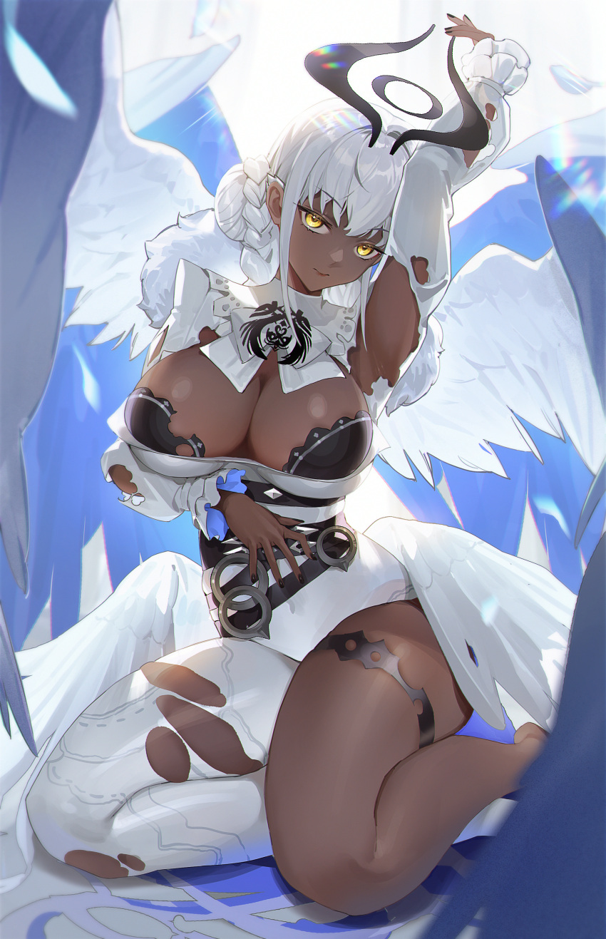 1girl absurdres angel_wings arm_under_breasts arm_up armpits asymmetrical_clothes black_bra black_halo black_nails bra braid braided_bangs breasts cleavage_cutout clothing_cutout dark-skinned_female dark_skin feathered_wings full_body hair_bun halo hand_up highres jacket kneeling large_breasts lens_flare long_hair long_sleeves looking_at_viewer low_wings millennium_tour multiple_wings pants sara_(millennium_tour) single_bare_leg single_pantsleg smile solo strapless strapless_bra thigh_strap torn_clothes torn_jacket torn_pants underwear very_dark_skin white_background white_hair white_jacket white_pants white_wings wings yellow_eyes zhudouzi
