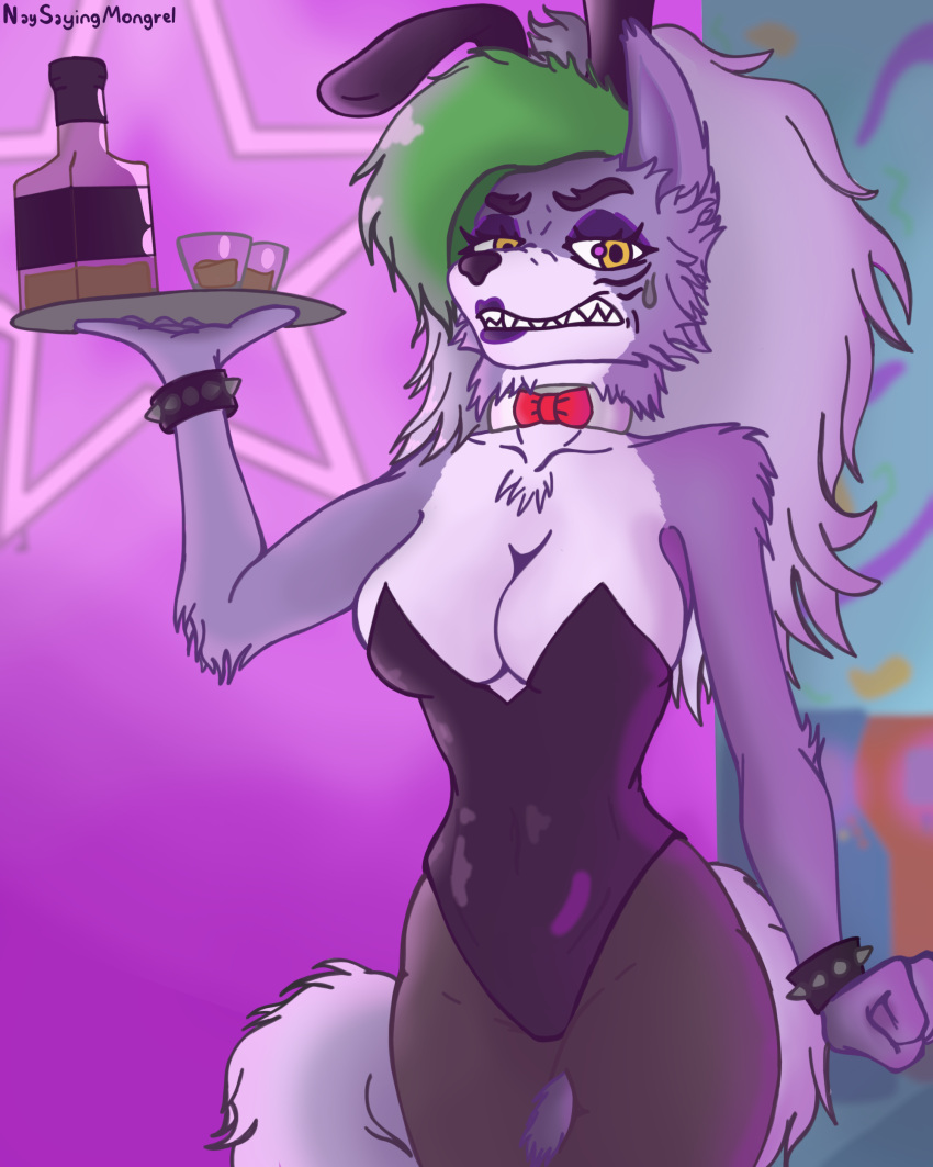4:5 absurd_res alcohol angry anthro beverage bunny_costume canid canine canis clothing costume female five_nights_at_freddy's five_nights_at_freddy's:_security_breach hi_res looking_at_viewer mammal naysayingmongrel roxanne_wolf_(fnaf) scottgames solo steel_wool_studios waiter wolf
