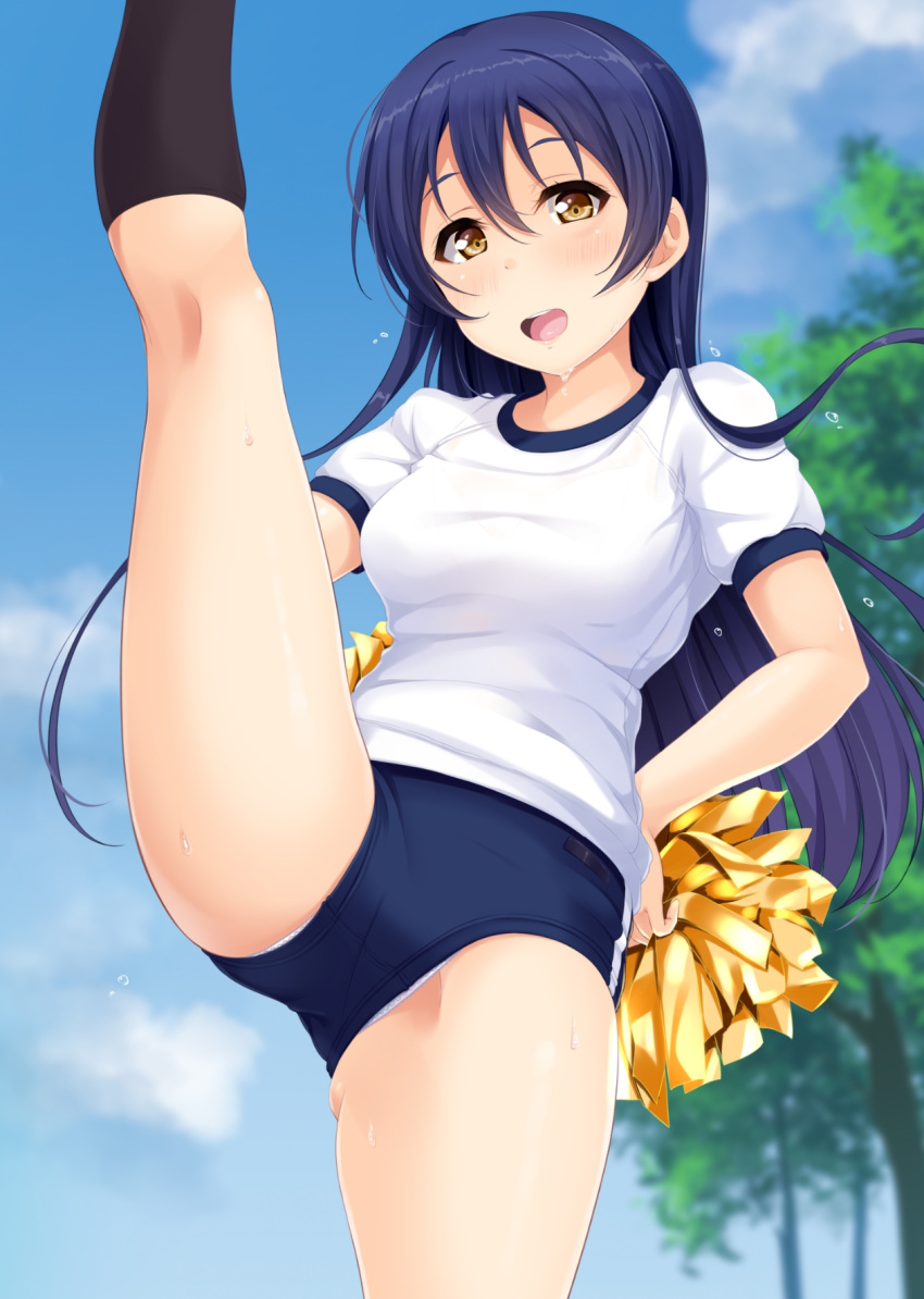 1girl :d black_socks blue_buruma blue_hair blurry blurry_background breasts buruma commentary dark_blue_hair day gym_shirt gym_uniform hands_on_own_hips highres hino_minato_(spec.c) holding holding_pom_poms kneehighs leg_lift leg_up long_hair looking_at_viewer love_live! love_live!_school_idol_project medium_breasts open_mouth outdoors pom_pom_(cheerleading) shirt sky smile socks solo sonoda_umi sweat thighs tree yellow_eyes