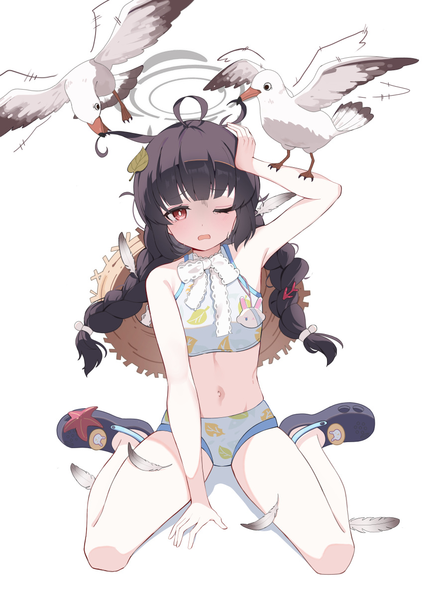 1girl absurdres ahoge arm_up bikini bird black_footwear black_hair blue_archive braid breasts bright_pupils choker commentary_request crocs feathers frilled_ribbon frills grey_halo halo hat hat_behind_back highres leaf leaf_on_head leaf_print looking_at_viewer low_twintails miyu_(blue_archive) miyu_(swimsuit)_(blue_archive) naseul_777 official_alternate_costume one_eye_closed open_mouth print_bikini red_eyes ribbon ribbon_choker seagull simple_background sitting small_breasts solo straw_hat swimsuit twin_braids twintails wariza white_background white_bikini white_pupils