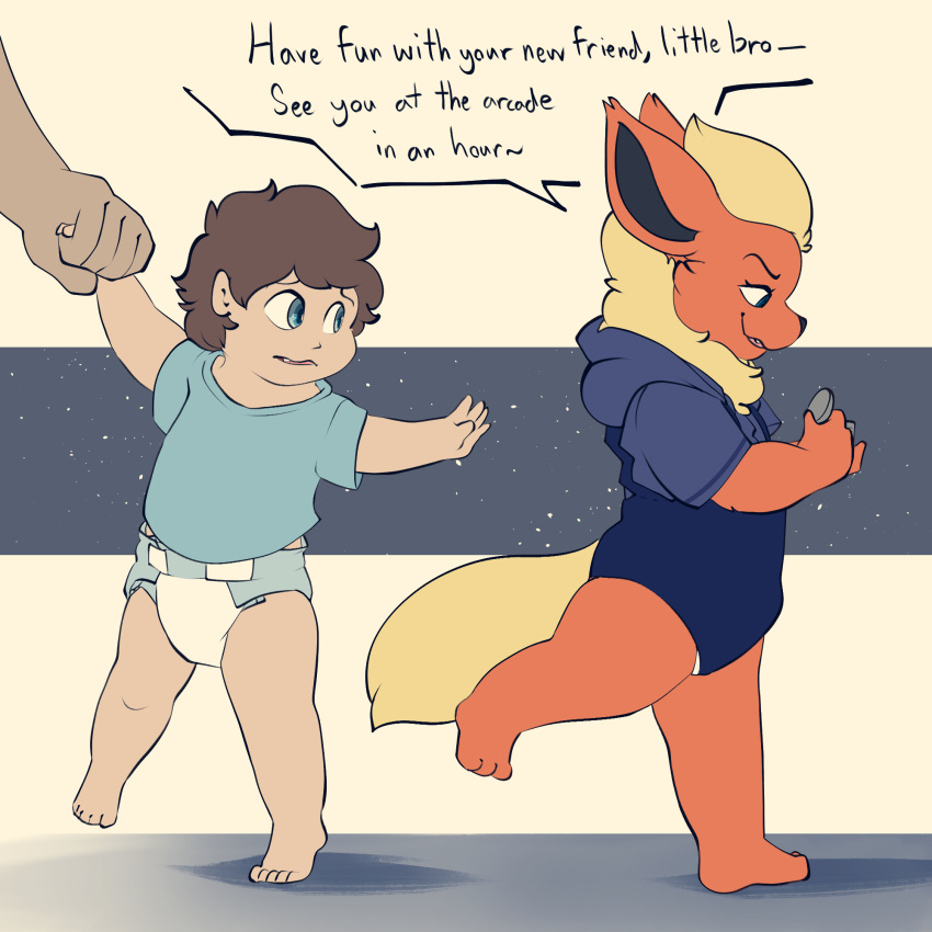 anthro arm_pull barefoot battler clothing counting counting_money dialogue diaper distressed duo eeveelution feet female flareon generation_1_pokemon grabbing_hand hand_out hi_res hoodie human male mammal nintendo overalls pokemon pokemon_(species) pulling_away quarters roy_(poofwoof) sibling_(lore) speech_bubble toes topwear