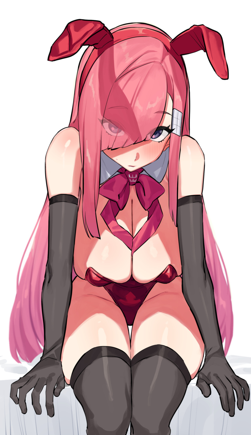 1girl animal_ears bare_shoulders bow breasts cleavage detached_collar elbow_gloves gloves hair_over_one_eye highres large_breasts leotard long_hair original pink_hair playboy_bunny rabbit_ears sitting solo strapless strapless_leotard suisogenshi thighhighs