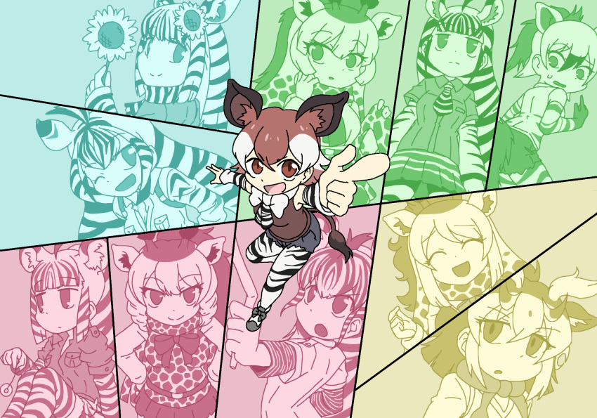 6+girls ;d aardwolf_(kemono_friends) aardwolf_ears aardwolf_girl aardwolf_print aardwolf_tail animal_ears animal_print arms_up blunt_bangs bow bowtie brown_hair chibi closed_mouth detached_sleeves elbow_gloves empty_eyes extra_ears flower full_body furrowed_brow giraffe_ears giraffe_girl giraffe_horns giraffe_print giraffe_tail gloves grey_hair hair_between_eyes hair_flower hair_ornament hands_on_own_hips high_ponytail highres holding holding_flower horns index_finger_raised jitome kemono_friends knees_up layered_sleeves long_hair long_sleeves looking_at_another looking_at_viewer multicolored_hair multiple_girls okapi_(kemono_friends) okapi_ears okapi_tail one_eye_closed open_mouth outstretched_arm pantyhose_under_shorts parted_bangs pendulum pointing print_gloves print_pantyhose print_scarf print_sleeves reticulated_giraffe_(kemono_friends) scarf shirt short_over_long_sleeves short_sleeves shorts sitting sivatherium_(kemono_friends) sleeveless sleeveless_shirt smile srd_(srdsrd01) sunflower tail upper_body very_long_hair