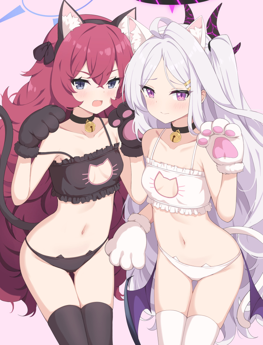 2girls ahoge animal_ears bell black_bra black_choker black_horns black_panties black_thighhighs blue_archive blue_halo blush bra cat_cutout cat_ears cat_lingerie choker closed_mouth clothing_cutout collarbone demon_horns fake_animal_ears fang flat_chest hair_between_eyes halo hayana_neru highres hina_(blue_archive) horns iroha_(blue_archive) jingle_bell long_hair looking_at_viewer meme_attire multiple_girls multiple_horns open_mouth panties purple_eyes red_hair thighhighs underwear very_long_hair white_bra white_hair white_panties white_thighhighs