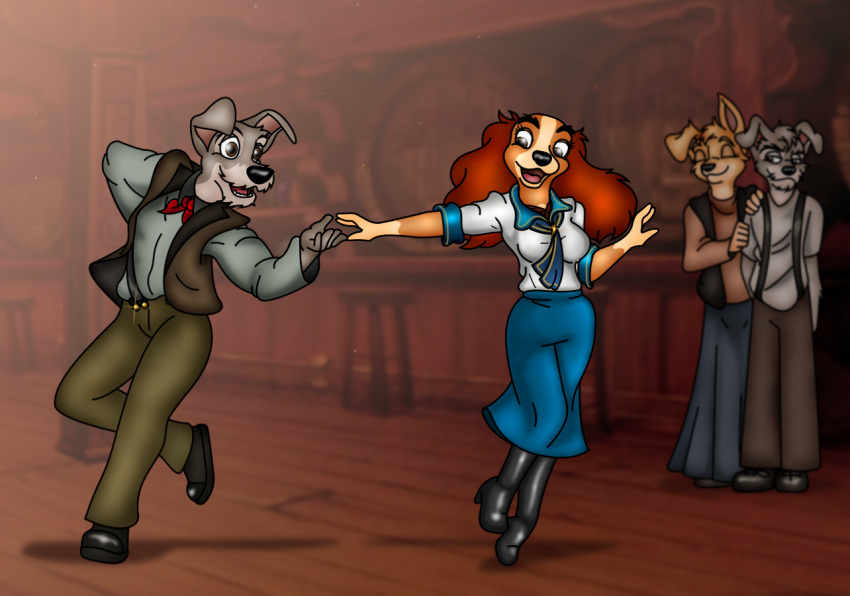2022 5_fingers angel_(lady_and_the_tramp) anthro anthrofied ascot bird_dog black_nose bottomwear breasts brown_body brown_fur canid canine canis canon_couple clothing cocker_spaniel dancing digital_media_(artwork) disney domestic_dog duo_focus female fingers folwilliar fur grey_body grey_fur group humanoid_hands hunting_dog lady_(lady_and_the_tramp) lady_and_the_tramp male male/female mammal open_mouth open_smile pants pomeranian scamp_(lady_and_the_tramp) schnauzer skirt smile spaniel spitz standing suspenders tan_body tan_fur teeth tongue topwear tramp_(lady_and_the_tramp) vest