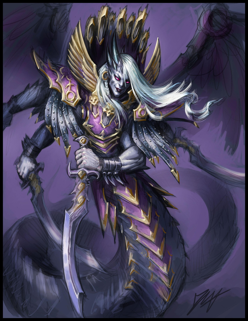 1boy absurdres armor braid breastplate colored_sclera david_haire demon demon_horns demon_primarch earrings evil_smile faulds feathered_wings fulgrim highres holding holding_sword holding_weapon horns jewelry layer_blade lipstick long_hair looking_at_viewer makeup ornate ornate_armor ornate_weapon pale_skin pauldrons pink_eyes pink_sclera power_armor primarch purple_armor purple_eyes purple_lips shoulder_armor simple_background smile snake_tail solo sword tail vambraces warhammer_40k weapon white_hair wings