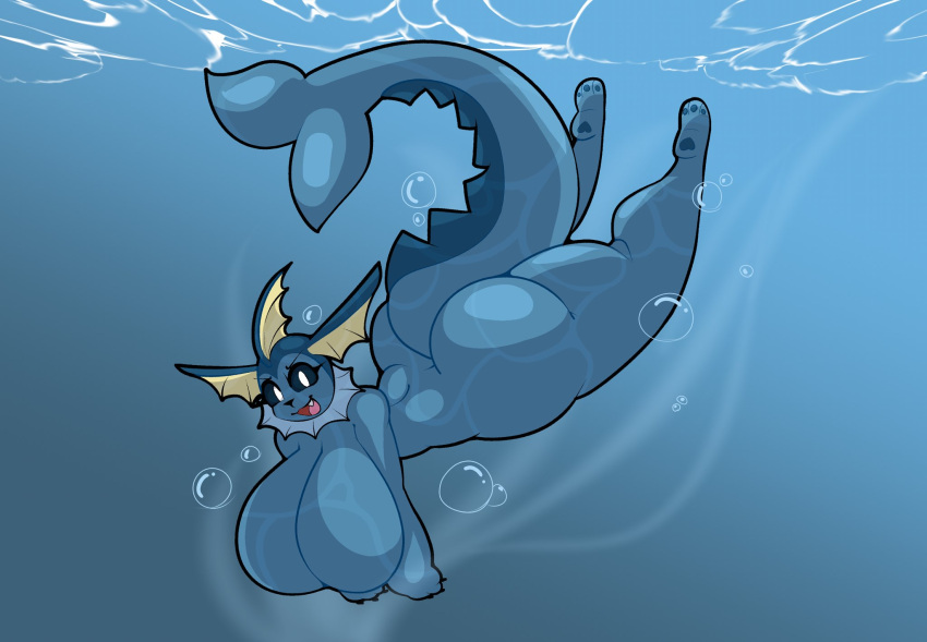 anthro big_breasts big_butt blue_sclera breasts butt eeveelution featureless_breasts female generation_1_pokemon hi_res huge_breasts huge_butt looking_at_viewer nintendo nude open_mouth pokemon pokemon_(species) solo swimming thick_thighs underwater vaporeon water white_eyes zantanerz_(artist)