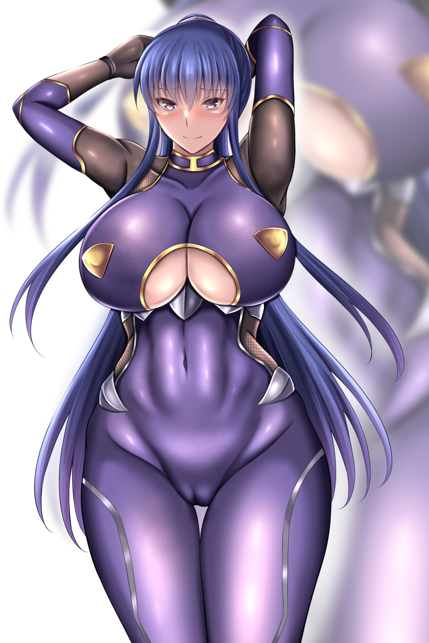 1girl absurdres akiyama_rinko arms_behind_head arms_up blue_hair blush bodysuit breasts closed_mouth clothing_cutout commentary_request covered_collarbone covered_navel cowboy_shot fishnet_bodysuit fishnets hair_between_eyes highres impossible_bodysuit impossible_clothes kanna_(minamozuki) large_breasts long_hair looking_at_viewer ponytail purple_bodysuit purple_eyes sidelocks simple_background skin_tight smile standing taimanin_(series) taimanin_suit thigh_gap underboob underboob_cutout white_background zoom_layer