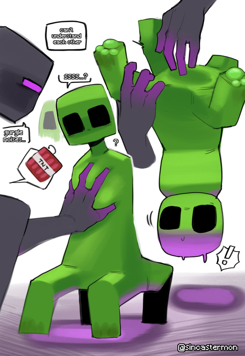 ambiguous_gender anthro black_body creeper_(minecraft) dialogue duo enderman green_body hand_on_chest hi_res microsoft minecraft mojang simple_background sincastermon speech_bubble upside_down xbox_game_studios