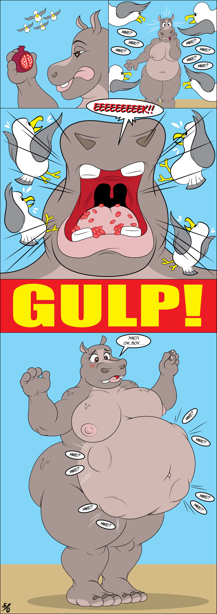 2019 4_fingers 50percentgrey abdominal_bulge absurd_res anthro avian belly big_belly bird blush breasts comic comic_panel common_hippopotamus dialogue disney dreamworks female feral finding_nemo fingers food fruit gloria_the_hippopotamus gull half-closed_eyes hi_res hippopotamid holding_food holding_fruit holding_object lari larid licking licking_lips madagascar_(series) mammal mouth_shot narrowed_eyes navel nipples nude obese obese_anthro obese_female open_mouth overweight overweight_anthro overweight_female pixar plant pomegranate signature soft_vore solo speech_bubble standing teeth text tongue tongue_out vore wide_eyed