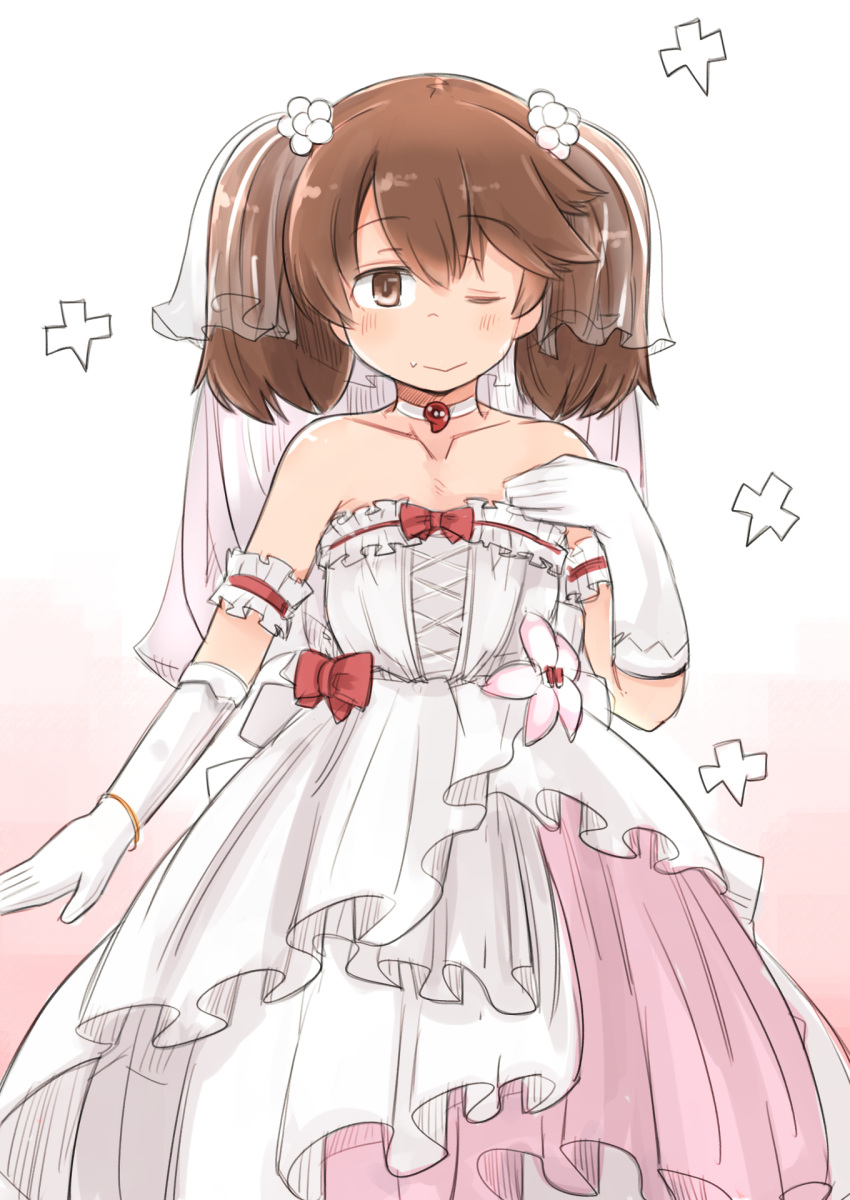 1girl bridal_veil brown_eyes brown_hair choker collarbone commentary_request commission cowboy_shot dress enjaku_izuku flat_chest frilled_dress frills gloves gradient_background highres kantai_collection long_hair looking_at_viewer magatama one_eye_closed ryuujou_(kancolle) shikigami solo twintails veil wedding_dress white_choker white_gloves