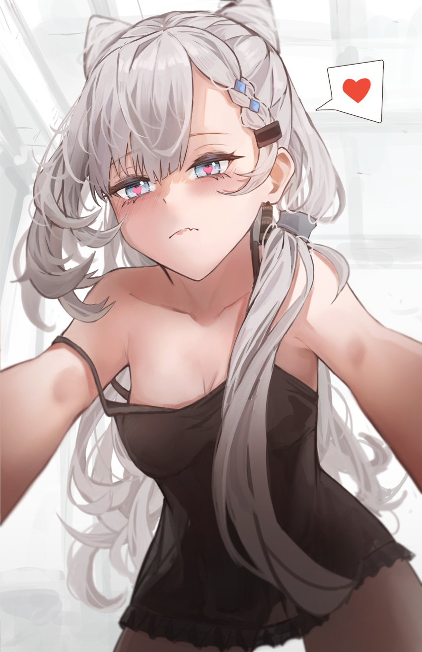 1girl bare_shoulders black_camisole blue_eyes blush braid braided_bangs breasts camisole cleavage closed_mouth collarbone commentary cone_hair_bun cowboy_shot double_bun earrings fang grey_hair hair_between_eyes hair_bun heart heart-shaped_pupils highres hololive hololive_indonesia indoors jewelry long_hair looking_at_viewer low_ponytail medium_breasts numamus pajamas pov see-through_silhouette skin_fang solo spoken_heart strap_slip symbol-shaped_pupils vestia_zeta virtual_youtuber