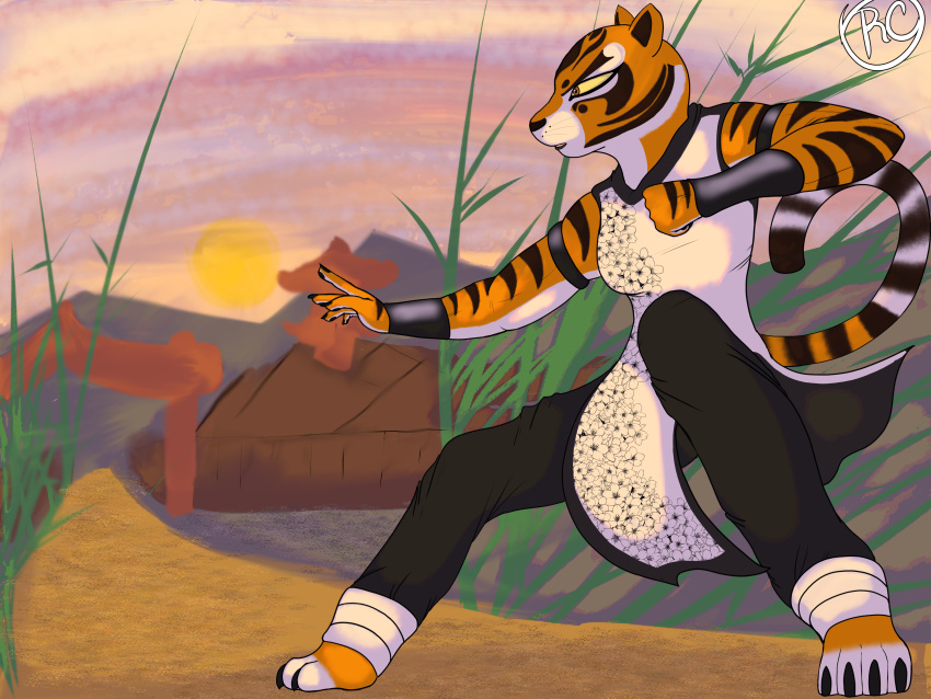 4:3 absurd_res anthro bottomwear bracelet claws clothed clothing cloud dreamworks dress felid feline female gradient_background hi_res jewelry kung_fu kung_fu_panda mammal master_tigress muscular muscular_anthro muscular_female pantherine pants rcblackdie red_eyes shaded shadow simple_background sky solo sun tiger village wallpaper