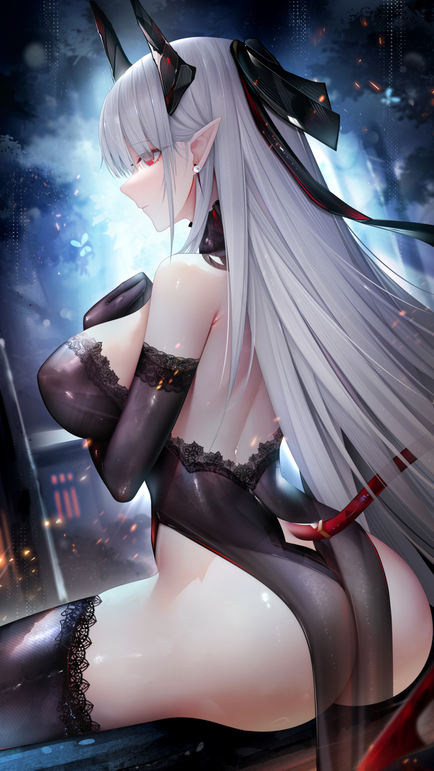 1girl absurdres arknights ass bare_shoulders binggong_asylum breasts chained_sarkaz_girl demon_horns detached_collar earrings elbow_gloves eyes_visible_through_hair gloves hair_ribbon highres horns jewelry large_breasts leotard long_hair looking_at_viewer pointy_ears red_eyes revision ribbon solo tail thighhighs thighs very_long_hair wet white_hair