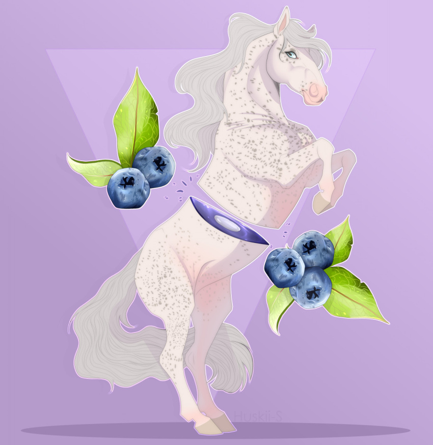 abstract_background ambiguous_gender blue_eyes candy_gore equid equine feral food fruit gore grey_mane grey_spots grey_tail hi_res horse huskii-s mammal mane mouth_closed pink_inner_ear plant side_view solo spots spotted_legs spotted_neck white_body white_ears
