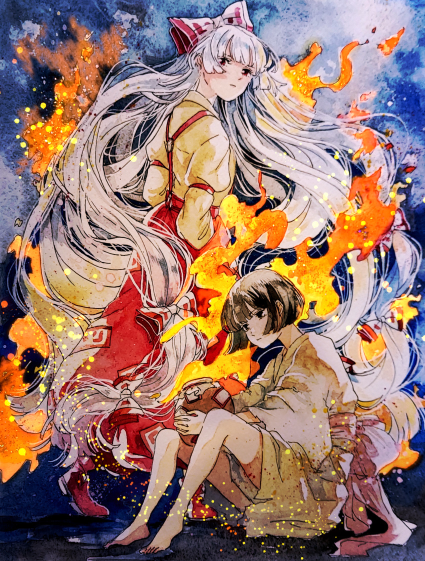 2girls absurdly_long_hair arm_strap back_bow barefoot black_eyes black_hair bow brown_kimono closed_mouth commentary_request expressionless fire fujiwara_no_mokou fujiwara_no_mokou_(young) full_body hair_bow hands_in_pockets highres hourai_elixir japanese_clothes kimono long_hair long_sleeves looking_at_viewer looking_to_the_side mokoiscat multiple_girls painting_(medium) pants red_bow red_eyes red_footwear red_pants shirt short_hair sitting suspenders touhou traditional_media two-tone_bow very_long_hair watercolor_(medium) white_bow white_hair yellow_shirt