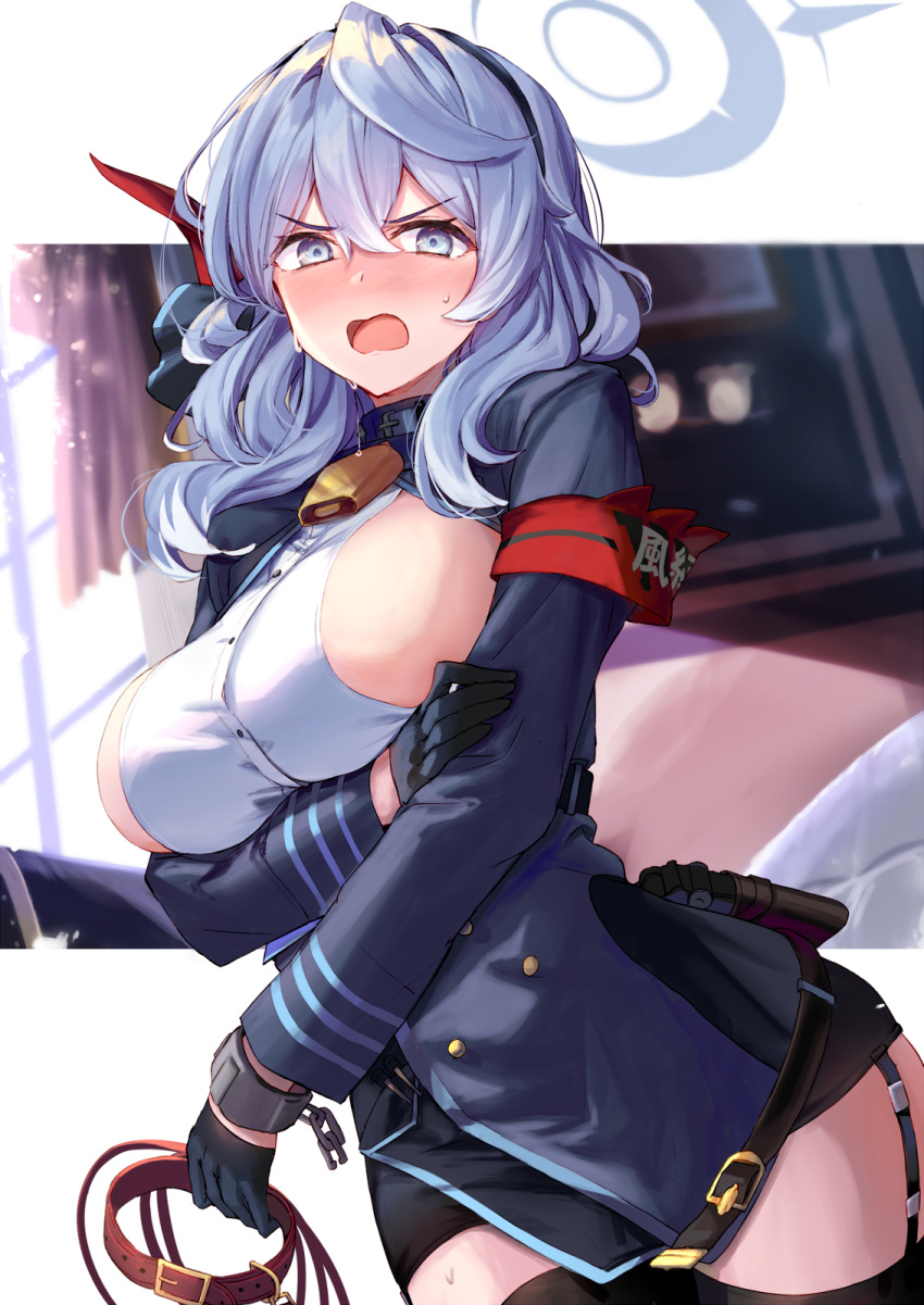 1girl ako_(blue_archive) arm_strap arm_under_breasts bell black_garter_straps black_gloves black_thighhighs blue_archive blue_eyes blue_hair blush breasts collar commentary_request garter_straps gloves hair_ornament halo highres holding holding_collar long_sleeves looking_at_viewer medium_hair ninoude_(ninoude44) open_mouth red_collar sideboob solo thighhighs