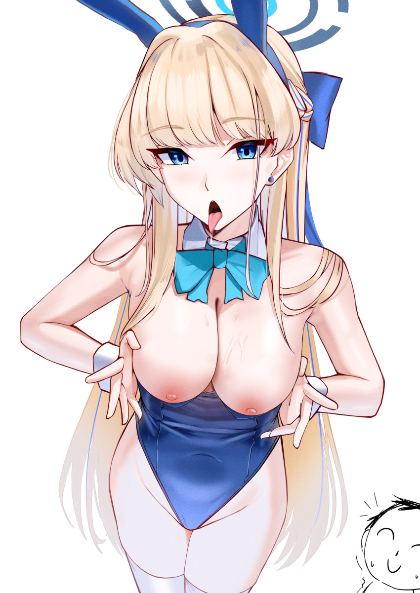 1girl animal_ears arona's_sensei_doodle_(blue_archive) bare_shoulders blonde_hair blue_archive blue_bow blue_eyes blue_hairband blue_leotard bow bowtie braid breasts breasts_out cliov detached_collar fake_animal_ears groin hairband halo highleg highleg_leotard highres leotard leotard_pull long_hair medium_breasts nipples official_alternate_costume official_alternate_hairstyle open_mouth playboy_bunny rabbit_ears saliva sensei_(blue_archive) simple_background solo thighhighs thighs toki_(blue_archive) toki_(bunny)_(blue_archive) tongue tongue_out very_long_hair white_background white_thighhighs wrist_cuffs