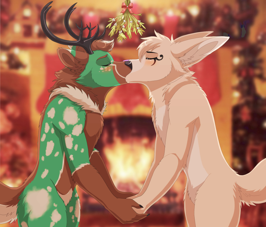 anthro antlers blurred_background blush brown_body brown_fur canid canine canis christmas christmas_decorations christmas_lights christmas_ornament christmas_present christmas_stocking christmas_tree deer detailed detailed_background digital_media_(artwork) duo esofaoul_(character) eyes_closed fennec fireplace fox fur gift green_body green_fur hair hand_holding hi_res holidays horn hybrid kissing lawkie lips male male/male mammal mistletoe nude plant tail tree white_body white_fur wolf