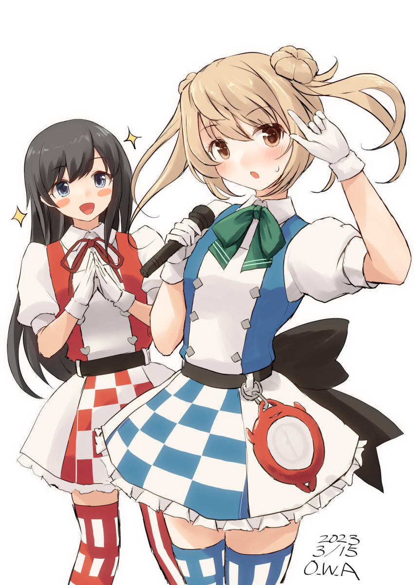 2girls alice_in_wonderland alternate_costume artist_name asashio_(kancolle) belt black_hair blue_eyes blue_skirt blush bow bowtie checkered_clothes checkered_skirt checkered_thighhighs collared_shirt dated double_bun gloves green_bow green_bowtie hair_bun highres kantai_collection light_brown_hair long_hair matching_outfit michishio_(kancolle) microphone multiple_girls neck_ribbon official_alternate_costume owa_(ishtail) puffy_sleeves red_ribbon red_skirt ribbon shirt short_twintails simple_background skirt sweatdrop thighhighs twintails white_background white_gloves white_skirt