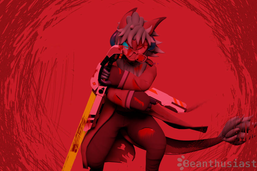 3d_(artwork) action_pose ambiguous_gender angry asher_sterling beanthusiast blender_(software) blender_cycles blood blood_on_arm blood_on_clothing blood_on_face blood_on_hand blood_on_leg blood_on_weapon bodily_fluids bottomwear claws clothing coat cracked_glass cracked_glasses digital_media_(artwork) eyewear feather_necklace glasses glasses_askew gun hair handgun hi_res holding_object holding_weapon horn jewelry maleherm_(lore) melee_weapon necklace one_eye_closed one_eye_obstructed pants pistol pose ranged_weapon red_background red_lighting shirt simple_background smoke sword topwear torn_clothing trenchcoat undershirt watermark weapon wickerbeast wind wounded