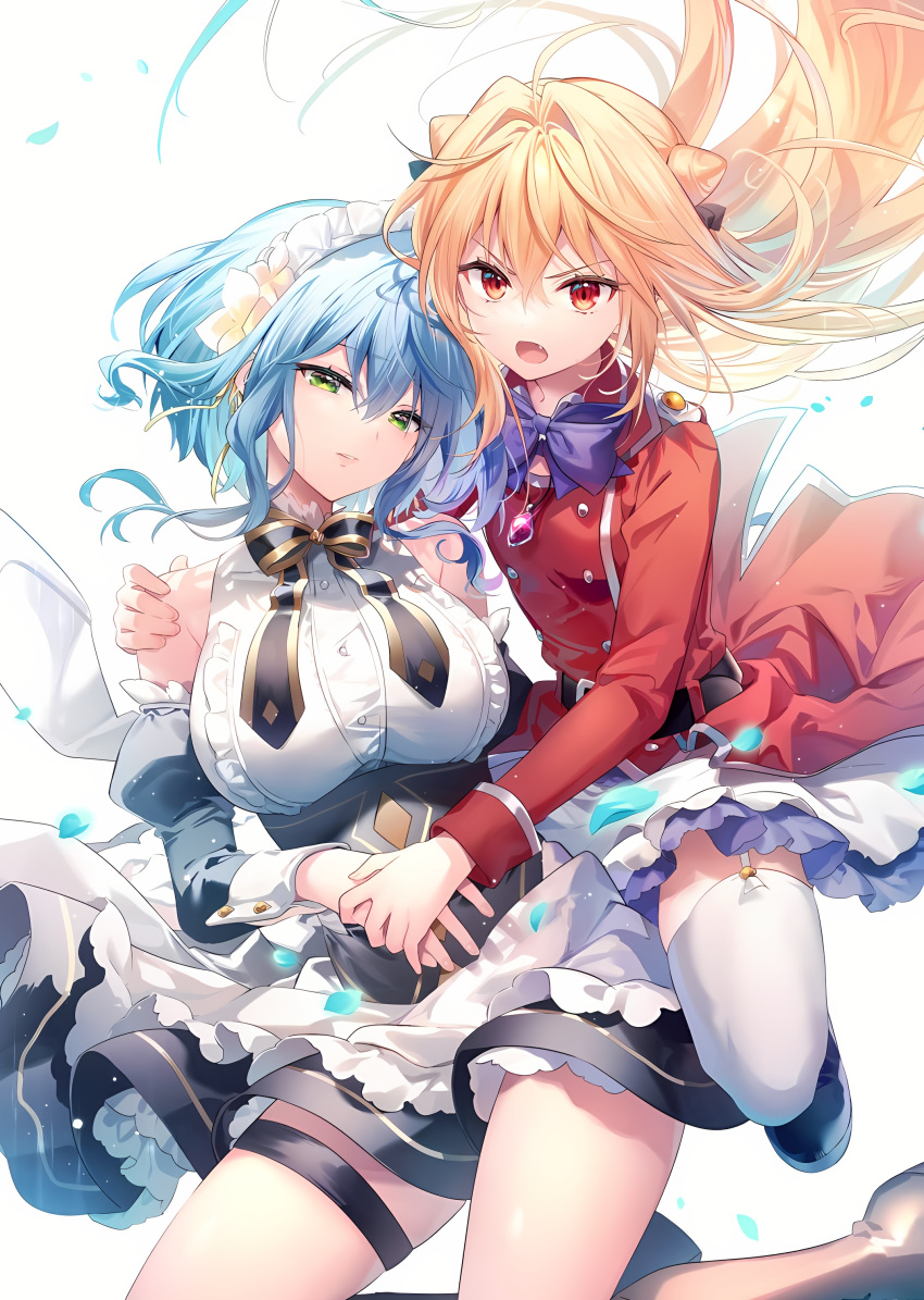 2girls absurdres blonde_hair blue_hair breasts fang green_eyes highres hikikomari_kyuuketsuki_no_monmon holding_hands huge_breasts long_hair looking_at_viewer maid md5_mismatch military military_uniform multiple_girls official_art open_mouth red_eyes resized resolution_mismatch riichu short_hair simple_background small_breasts source_smaller terakomari_gandezblood thighhighs uniform upscaled villhaze yuri