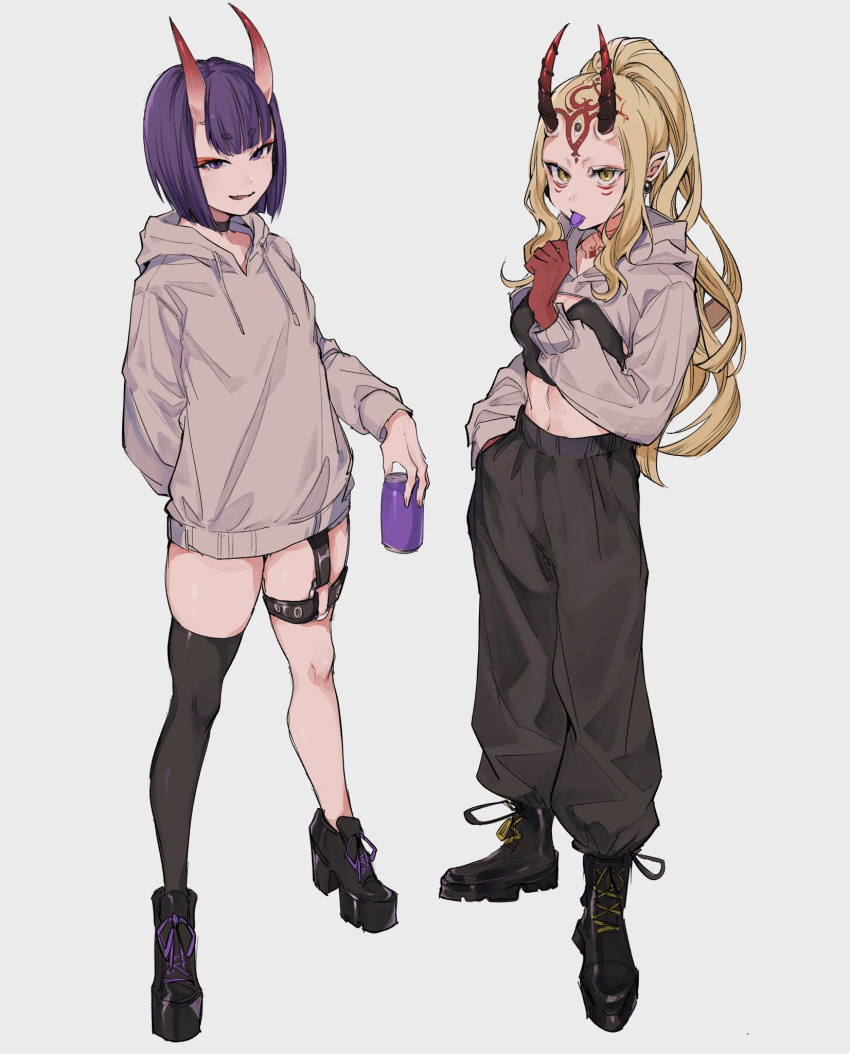 2girls belt black_footwear black_pants black_thighhighs blonde_hair boots breasts can candy choker crop_top earrings eyeliner facial_mark fate/grand_order fate_(series) food forehead_mark full_body grey_background grey_hoodie highres holding holding_can holding_candy holding_food holding_lollipop hood hoodie horns ibaraki_douji_(fate) ichiya1115 jewelry lollipop long_hair looking_at_viewer makeup multiple_girls navel oni oni_horns pants parted_lips platform_footwear pointy_ears ponytail purple_eyes purple_hair short_hair shrug_(clothing) shuten_douji_(fate) simple_background single_thighhigh skin-covered_horns skindentation small_breasts smile tattoo thigh_belt thigh_strap thighhighs yellow_eyes