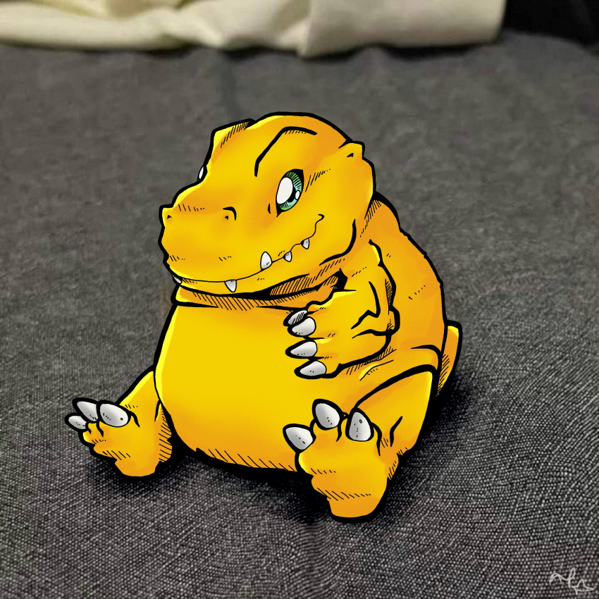 agumon anthro bandai_namco belly claws digimon digimon_(species) draw_over furniture green_eyes hi_res humor male meme overweight sitting sofa solo tp46750514 yellow_body