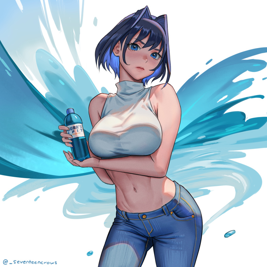1girl abs ad arm_under_breasts artist_name bare_shoulders blue_eyes blue_hair blue_pants blush bob_cut bottle breasts closed_mouth colored_inner_hair commentary contrapposto crop_top denim drink english_commentary eyelashes groin hair_intakes highres holding holding_bottle holding_drink hololive hololive_english jeans large_breasts lips looking_at_viewer midriff multicolored_hair navel nose_blush ouro_kronii pants pink_lips purple_hair seventeencrows shirt short_hair signature sleeveless sleeveless_turtleneck solo splashing standing toned turning_head turtleneck twitter_username virtual_youtuber water_bottle water_drop white_background white_shirt