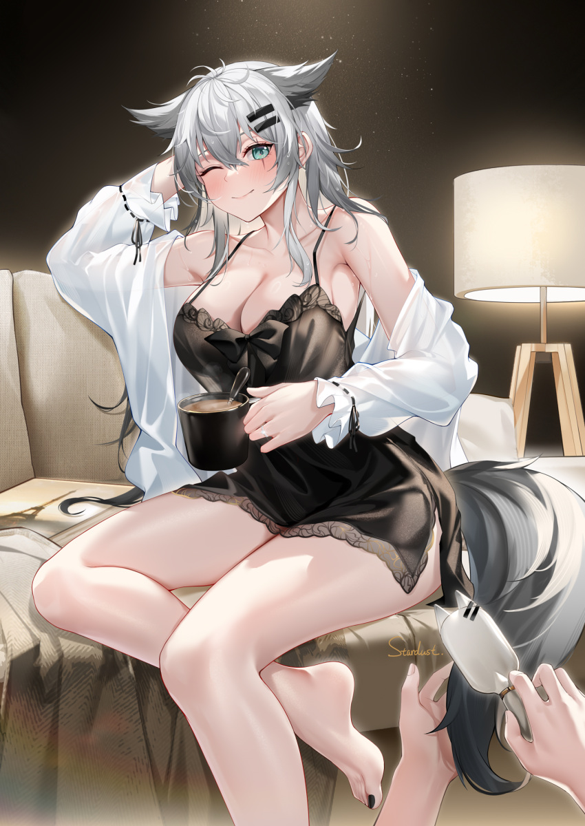 1girl 1other ambiguous_gender animal_ears arknights bare_legs bare_shoulders barefoot black_nightgown breasts closed_mouth coffee couch cup extra_ears green_eyes grey_hair hair_ornament hairclip highres holding holding_cup jewelry lamppost lappland_(arknights) long_hair medium_breasts nightgown on_couch one_eye_closed ring scar scar_across_eye smile solo stardust_(chen'ai_weiding) tail tail_brushing toenails wedding_ring wolf_ears wolf_tail