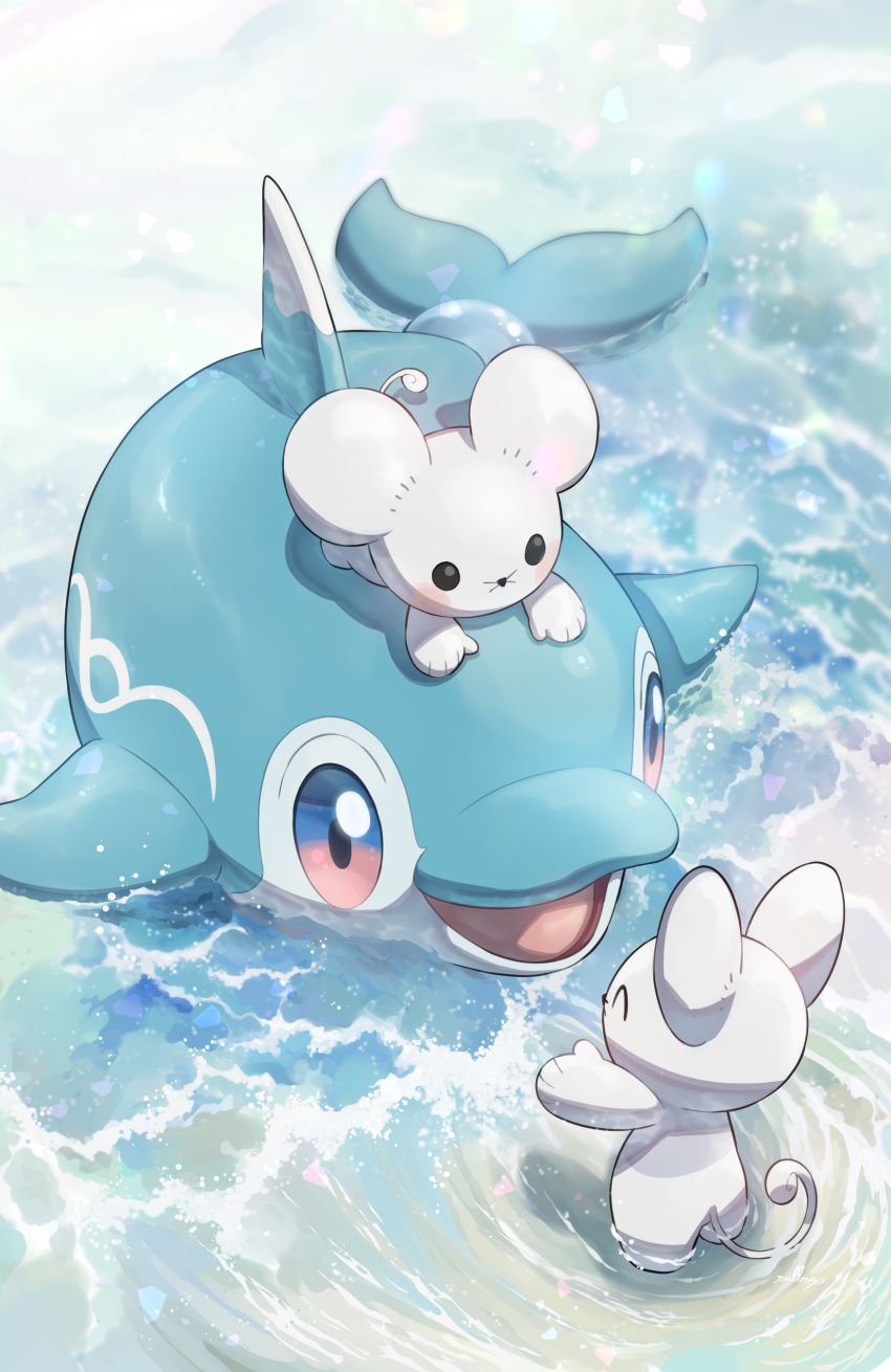 ^_^ absurdres blue_eyes blush blush_stickers closed_eyes commentary_request finizen highres in_water looking_at_another multicolored_eyes no_humans nullma on_head open_mouth partially_submerged pink_eyes pokemon pokemon_(creature) pokemon_on_head solid_circle_eyes swimming tandemaus water