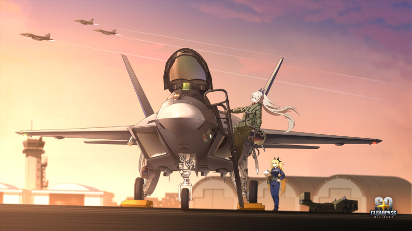 2girls absurdres aircraft airplane behalter blonde_hair blue_eyes blue_pants closed_mouth commentary_request control_tower djmax djmax_respect fighter_jet full_body hangar highres holding jet long_hair long_sleeves looking_at_viewer looking_to_the_side military military_uniform military_vehicle multiple_girls outdoors pants pilot_helmet pilot_suit red_eyes sky smile standing sunset uniform