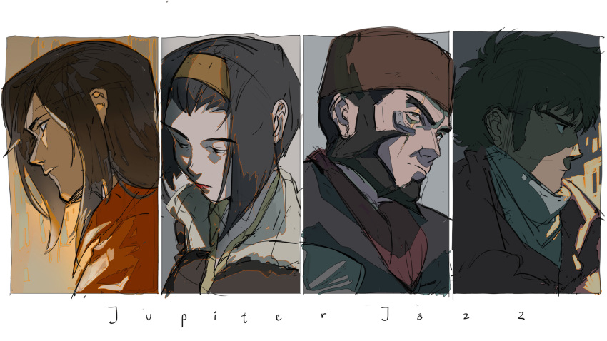 beard brown_jacket closed_mouth cowboy_bebop facial_hair faye_valentine grencia_mars_elijah_guo_eckener hairband highres jacket jet_black lipstick makeup multiple_boys scar scar_across_eye sona_(mmediocreman) spike_spiegel yellow_hairband