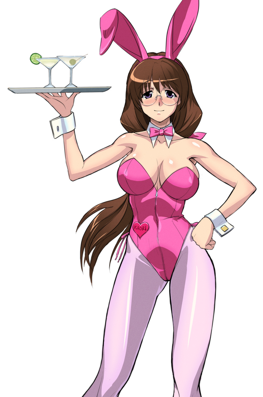 absurdres animal_ears bow bowtie breasts brown_hair cocktail_glass commentary_request cup detached_collar drinking_glass feet_out_of_frame glasses hand_on_own_hip highres large_breasts leotard long_hair looking_at_viewer low_ponytail ootori_kaori pantyhose pink_bow pink_bowtie pink_leotard pink_pantyhose playboy_bunny purple_eyes rabbit_ears rimless_eyewear shin_seiki_inma_seiden side-tie_leotard simple_background strapless strapless_leotard tenpura_2 tray white_background wrist_cuffs