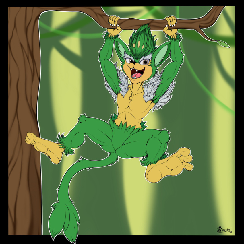 2021 ambiguous_gender anthro branch claws fangs fur generation_5_pokemon hanging_from_branch haplorhine hi_res looking_at_viewer mammal marcushunter monkey nintendo nude open_mouth plant pokemon pokemon_(species) primate signature simisage smile smiling_at_viewer solo spread_legs spreading tail tail_between_legs tail_tuft teeth tongue tree tuft vines wide_eyed