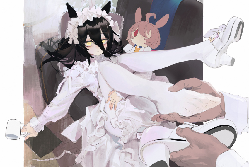 1girl 1other agnes_tachyon_(umamusume) ahoge alternate_costume black_hair blush character_doll closed_mouth coffee_mug couch cup disembodied_limb dress feet hair_between_eyes high_heels highres holding holding_another's_foot holding_cup holding_shoes legs_up long_hair looking_at_viewer manhattan_cafe_(umamusume) mug multicolored_hair on_couch pantyhose red_eyes sarcophage shoes single_shoe streaked_hair toes umamusume unfinished very_long_hair white_dress white_footwear white_hair white_pantyhose yellow_eyes