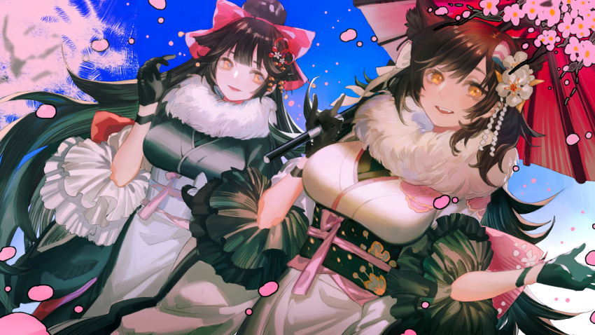 2girls atago_(azur_lane) atago_(hallmarks_of_winter)_(azur_lane) azur_lane black_gloves black_hair black_kimono bow breasts cherry_blossoms commentary day flower fur-trimmed_kimono fur_trim gloves hair_bow hair_flower hair_ornament hands_up highres holding holding_umbrella japanese_clothes kimono kukuish large_breasts long_hair looking_at_viewer multiple_girls obi official_alternate_costume oil-paper_umbrella parted_lips pink_bow ponytail sash siblings sisters sky smile takao_(azur_lane) teeth umbrella upper_teeth_only very_long_hair white_bow white_flower white_kimono yellow_eyes